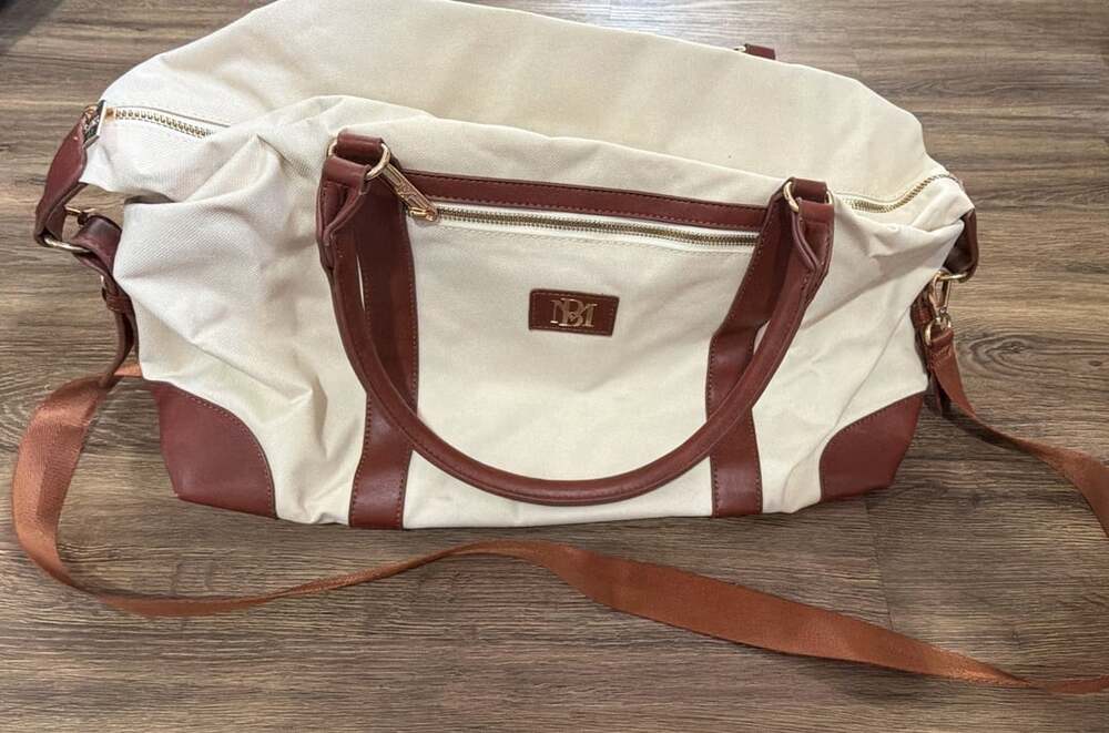 Badgley Mischka Barbara Canvas Weekender Travel Bag White Brown